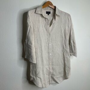 PURE 100% Linen Natural Tan Button Down 3/4 Sleeve Tunic Top